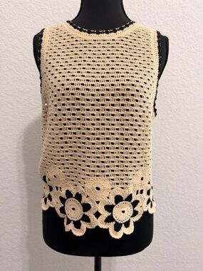 Sandro Beige Crochet Knit Top | Floral Appliqué Scalloped Trim